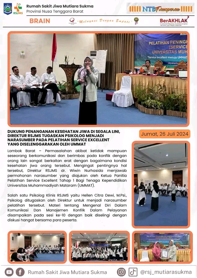 DUKUNG PENANGANAN KESEHATAN JIWA DI SEGALA LINI, DIREKTUR RSJMS TUGASKAN PSIKOLOG MENJADI NARASUMBER PADA PELATIHAN SERVICE EXCELLENT  YANG DISELENGGARAKAN OLEH UMMAT